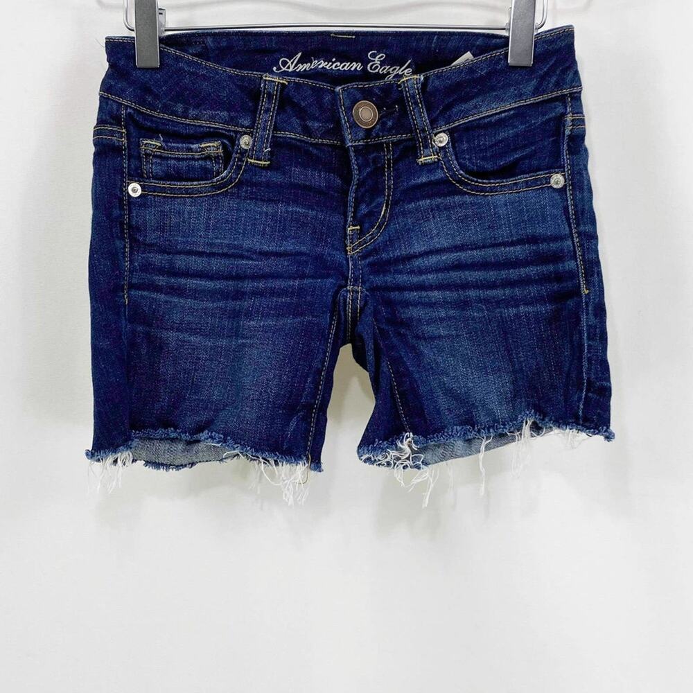 AMERICAN EAGLE Blue Mid Rise Distressed Denim Shorts